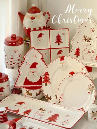 1套圣诞手绘陶瓷餐具，爱心圣诞牛排盘套装，浮雕釉下彩平盘和鱼盘，适合圣诞晚宴、家庭聚会