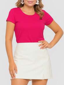 Women's Basic Viscolycra Blouse Round Neck Baby Look Short Sleeve - Hồng - Xem 2