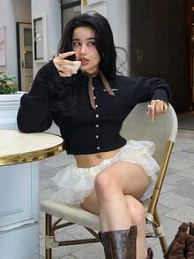 Casual Fashion Versatile Celebrity Letter Embroidery Single-Breasted Design Fitted Long Sleeve Cardigan Sweater Jacket, New Autumn Collection,Back To School Clothes,Fall Women Clothes, - Black - View 1