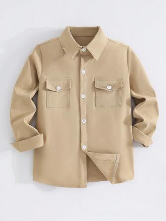 Chaqueta de camisa de doble bolsillo de unicolor para niños, camisa de manga larga con cuello clásica, de estilo primavera/otoño/invierno