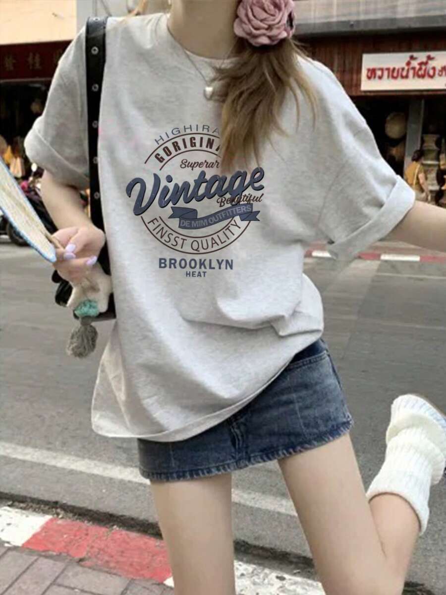 日式女式宽松圆领休闲百搭印花短袖T恤,春夏 - 淺灰色 - 查看 1
