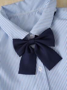 女童春秋时尚条纹连衣裙，秋季蓝色飘袖蝴蝶结女童连衣裙 - 淺藍色 - 查看 5