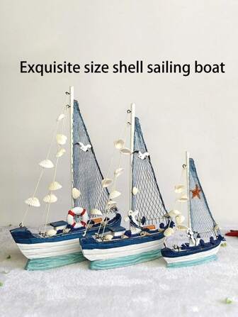 1pc Mediterranean Sailing Boat Ornaments Aged Craft Boat, Blue And White Shell Boat Home Living Room Dining Ornament Ornaments Decorations
