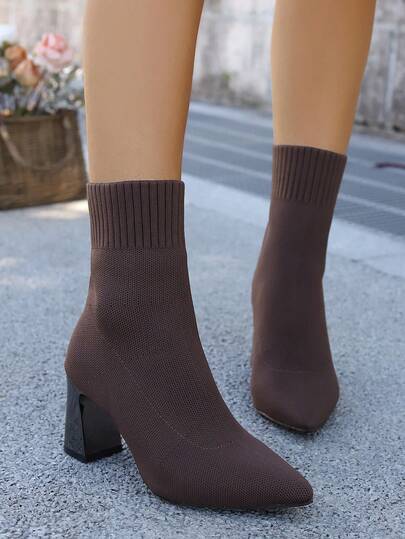 Teenage New Knitted Pointed Toe Ankle Boots, Sweet & Lively Girl Style, Suitable For Autumn/Winter Campus, Walking, Outdoor, Holiday, Gathering, Available In Wine Red, Classic Black, Retro Deep Brown