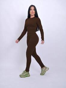Leggings And Long Sleeve Top Set - 鏽棕色 - 查看 3