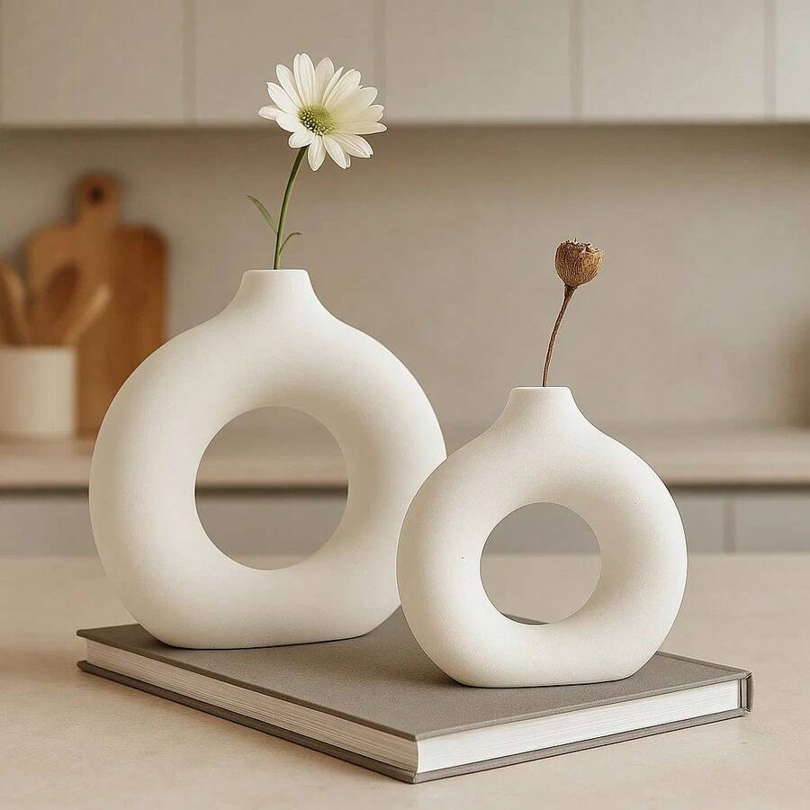 Modern Minimalist Round Vase Kit Donut Decorative Abstract Organic Bedroom 2Pcs - White - View 1