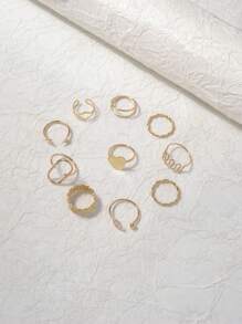 10 件金色简约金属合金心形与几何图案开口戒指套装 - 金色 - 查看 4