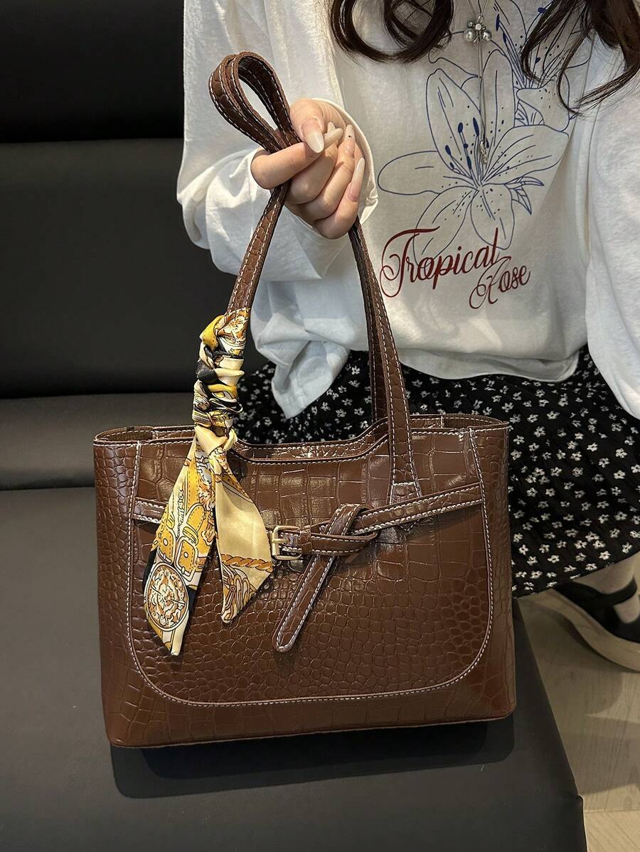 1pc Luxury Solid Color Versatile Women Shoulder Handbag - Coffee - View 1