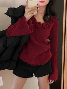 Elegant Solid Color Flare Sleeve Knit Sweater - Red - View 2