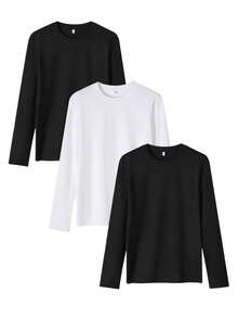 3 piezas Camisetas de manga larga de cuello redondo de unicolor para hombre, capa base versátil para uso diario en primavera/otoño - Blanco y Negro - Ver 2