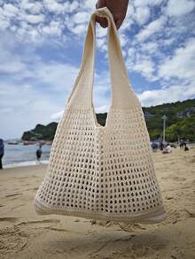 返校季，大码女式手提包，女士针织单肩包，复古镂空编织大容量花卉装饰托特包，钩针包，女士钩针包，夏季沙滩托特包，沙滩包 - 杏色 - 查看 9