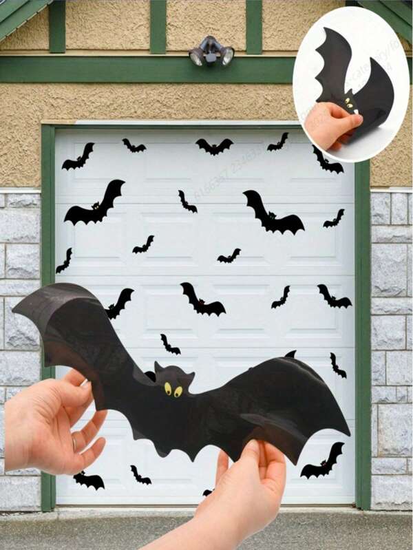48 件万圣节窗户车库门贴纸套装，现代风格，PVC 静电贴花，庭院和花园装饰，车库门，户外和花园装饰，带有城堡、蝙蝠、骷髅 - 可重复使用的双面玻璃和窗户视觉装饰，万圣节黑蝙蝠 3D 万圣节，蝙蝠墙贴派对装饰