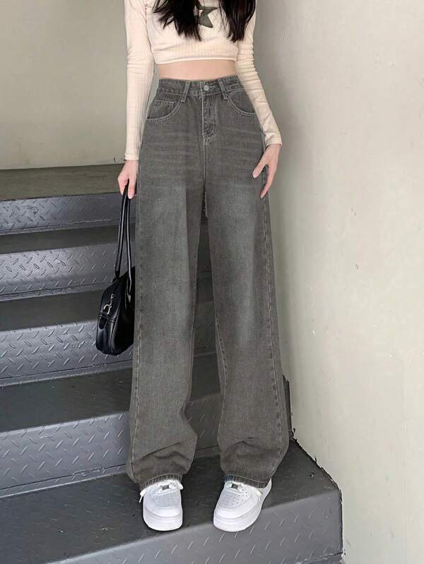 Women's Casual Loose Fit Wide Leg Denim Jeans With Pockets