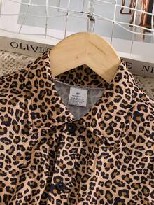Girls' Comfortable Leopard Print Collared Button-Up Belted Mid-Length Dress, Stylish Outdoor Casual Chic Outfit For Tween Girls - Brown - View 3