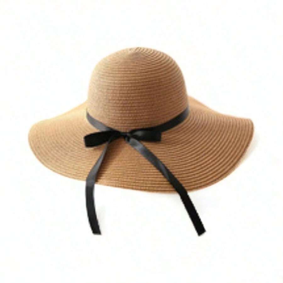 قبعة قش بيج للنساء للربيع والصيف، للعطلات الشاطئية، للظل والحماية من الشمس، ذات حافة كبيرة مع ربطة فيونكة