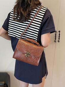 1pc High-End Pu Leather Floral Pattern Fashionable Handheld Shoulder Bag With Metal Lock Design - Brown - View 5