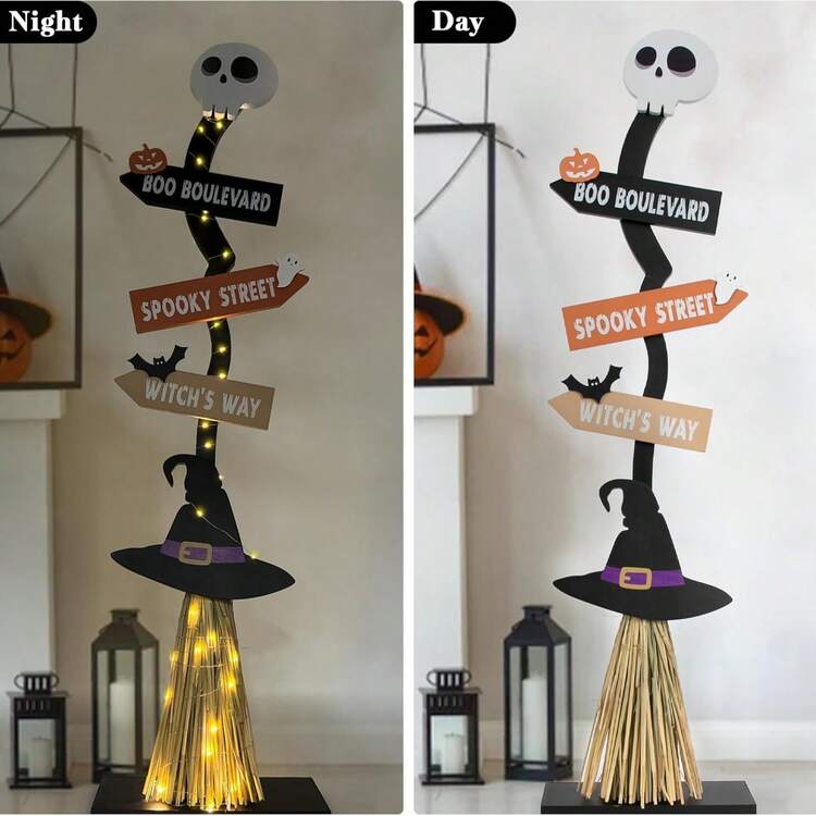 Letrero decorativo de Halloween Feliz / Tabla de decoración de pared de madera con piernas y sombrero de bruja colgante / Decoración colgante para la puerta principal de campo / Decoración de arte de otoño / Adecuado para el hogar, la habitación, el interior, el exterior, la fiesta de vacaciones, la decoración del patio, la pared colgante, la ventana - Multicolor - Añade 11