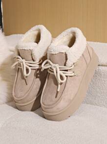 1. Thick Sole Lace-Up Fluffy Snow Boots For Teenagers, Warm And Energetic, Suitable For Students In Winter, Campus, Commuting, Outdoor Play, And Casual Occasions, Cool Black Thick Sole Lace-Up Fluffy Snow Boots, Light Brown Thick Sole Lace-Up Fluffy Snow Boots