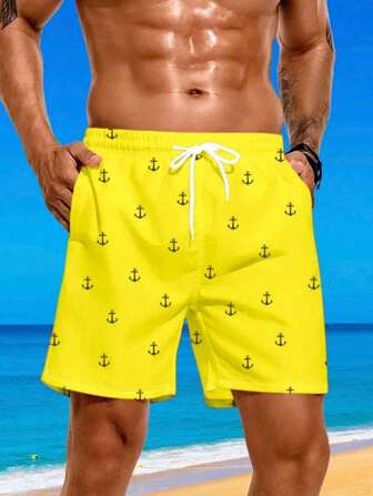 3D Digital Print Anchor Pattern Plus Size Men's Beach Shorts, Soft & Breathable, Summer Casual Holiday Wear, Loose Fit Men's Plus Size Swimwear