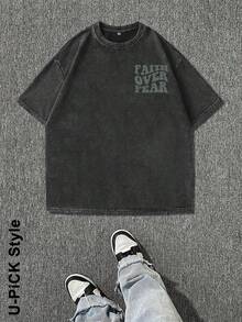 "FAITH OVER FEAR" Creative Pattern Printing Heavy 230g Pure Cotton T Shirt, Washed T-Shirt Men's Vintage T Shirts Basic T-Shirt Loose Hip-Hop Unisex Top Acid Wash T-Shirt - 黑色 - 查看 3