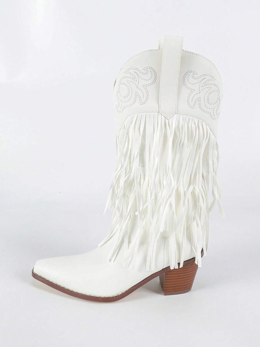 休闲时尚百搭流苏装饰粗跟女式西部靴 - 白色 - 查看 1