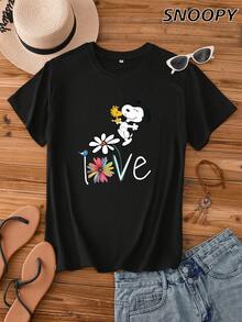SNOOPY 爱舞动文艺风短袖女装，手绘漫画图案独特，圆领版型时尚日常穿搭 - 黑色 - 查看 1