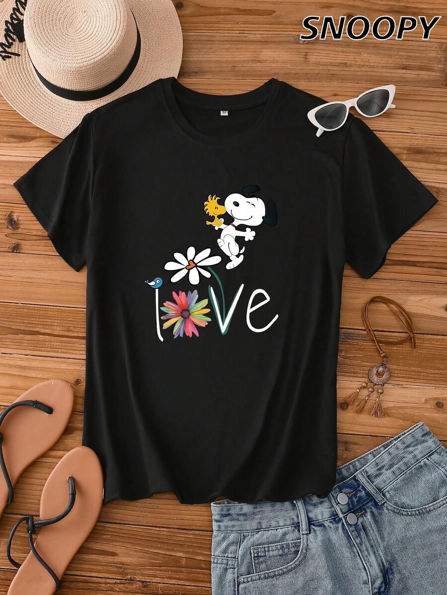 SNOOPY 爱舞动文艺风短袖女装，手绘漫画图案独特，圆领版型时尚日常穿搭 - 黑色 - 查看 1
