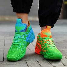 2025春季新款轻便厚底大码篮球鞋，女士户外休闲运动鞋，耐穿跑步鞋，柔软舒适的徒步鞋，减震回弹休闲鞋（注：混色鞋，橙绿、蓝绿，左右鞋随机，手绘鞋底，图案不均匀、随机且不对称） - 蘭綠桔綠 - 查看 8