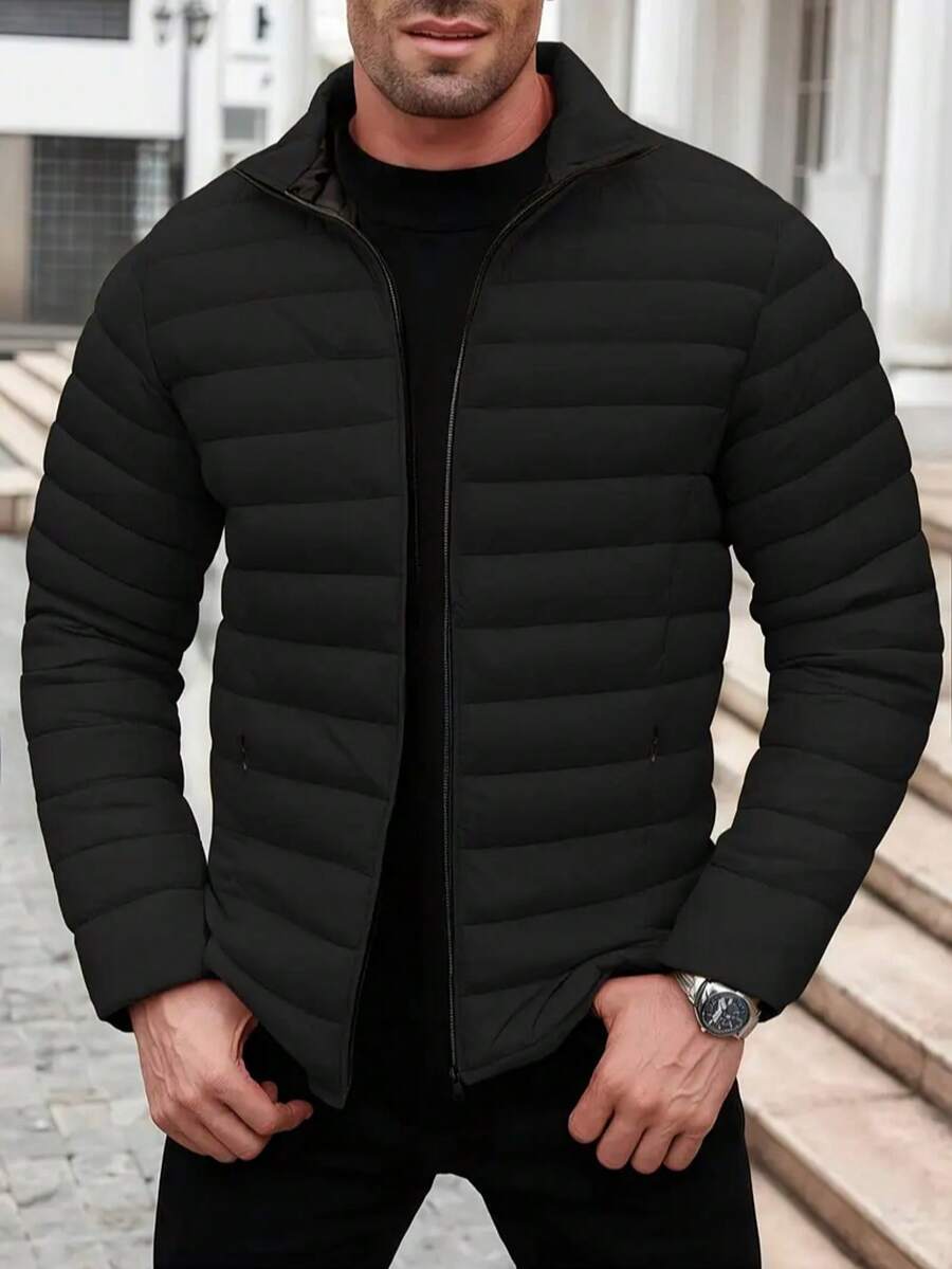 Men's Lightweight Jacket - Warm And Comfortable Outerwear For Winter, With Pockets, Machine Washable, High Collar Design Suitable For Autumn/Winter, Suitable For Men And Teenagers, Winter Jacket, Durable Fabric Coat - Black - View 1
