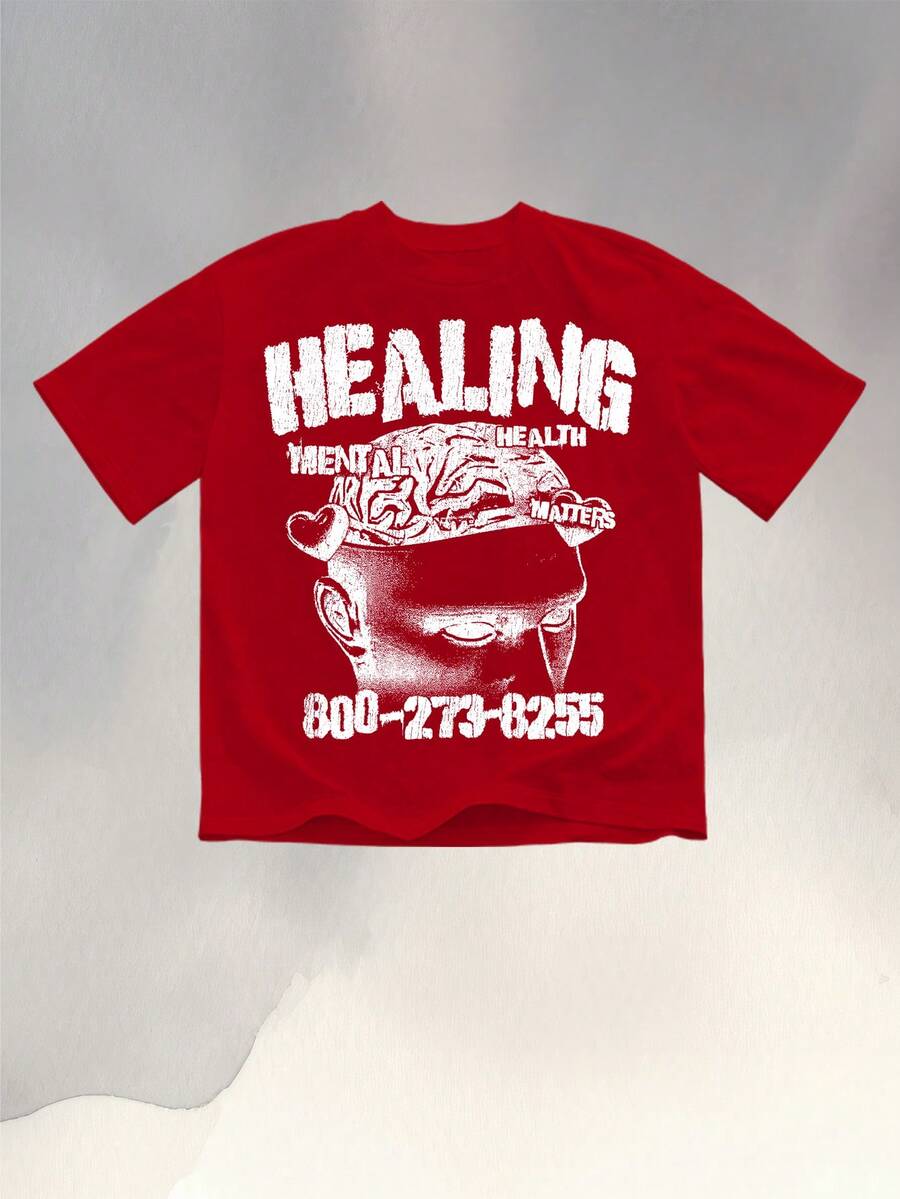 Mind - Healing Message Tee: Mental Health Focus (220g Cotton T-Shirt) Printed T-Shirt, Graphic Tee, Unisex T-Shirt, Casual And Comfortable, Men's Cotton T-Shirt. Interesting Pattern T-Shirts, Street Life, Home Leisure, Friends Gathering,Graphic Tees Men - Red - View 1