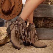 Vintage Chunky Heel Fringe Women's Ankle Boots, Suede Rivet Decor Shoe Mouth, Western Style Comfortable & Versatile - 咖色 - 查看 5
