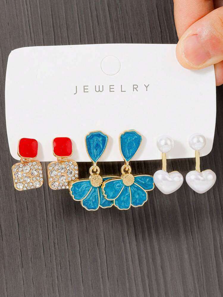 18 件/套简约金属花朵和人造珍珠心形耳环套装，适合女性度假、约会、日常生活、派对的礼物 - 彩色 - 查看 9