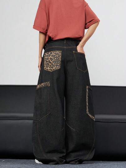 1件 Hearty Haven 美式街头风个性化多口袋豹纹拼接男士阔腿牛仔裤，舒适宽松长裤（不含腰带或配饰）