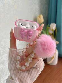 Apple Aesthetic Pink Bow Earphone Case Decorated With Faux Pearl & Bowknot & Fluffy Ball Charm Chain - Pink - View 4