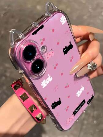 1 pieza Funda de teléfono transparente con gato negro y cereza, diseño de orejas de gato, cojín de aire anti-caída, carcasa suave de TPU de 1.5 mm, agujero para cordón con orejas de gato, adecuado para iPhone 17/17 Pro/Air/17 Pro Max/16/16 Pro/16 Plus/16 Pro Max/15 Pro Max/11/12/13/14/15 Plus/15 Pro/14 Pro/13 Pro