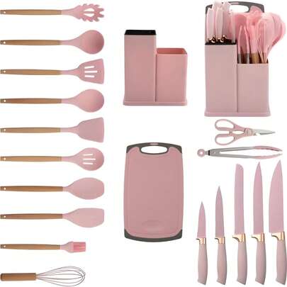 Silicone Kitchenware, 19pcs Set Of Cutting Tools Combination Set, Wooden Handle Shovel Spoon, Kitchen Stainless Steel Knife Set With Storage Bucket