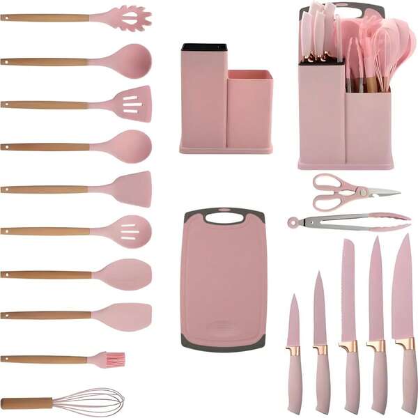 Silicone Kitchenware, 19pcs Set Of Cutting Tools Combination Set, Wooden Handle Shovel Spoon, Kitchen Stainless Steel Knife Set With Storage Bucket