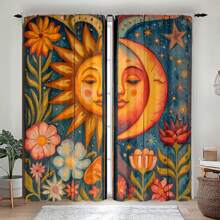 2 件波西米亚太阳和月亮花卉印花窗帘 - 橄榄绿色滤光涤纶带杆套，适用于卧室、客厅、厨房、书房、季节性浪漫家居装饰