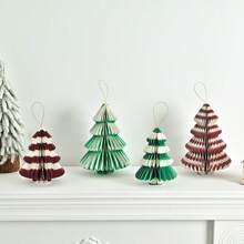 1pc Red & Green Striped Honeycomb Folding Christmas Tree Ornament, Compact & Elegant, Great Home Decor For Christmas Season
