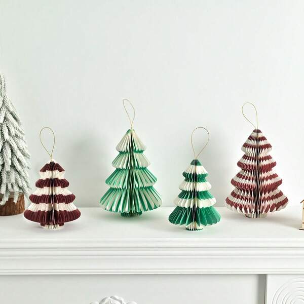1pc Red & Green Striped Honeycomb Folding Christmas Tree Ornament, Compact & Elegant, Great Home Decor For Christmas Season
