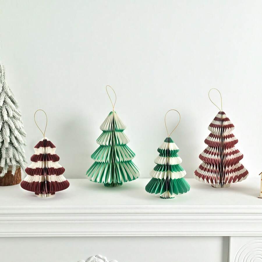 1pc Red & Green Striped Honeycomb Folding Christmas Tree Ornament, Compact & Elegant, Great Home Decor For Christmas Season
