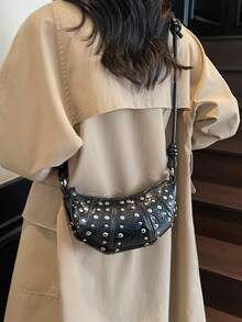 1 件女士纯色 PU 朋克铆钉新月包，高品质独特设计斜挎包 - 黑色 - 查看 4