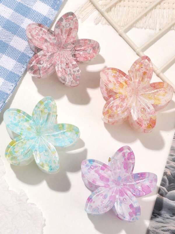 4 piezas Pinza de pelo con estampado floral de salpicadura de crema, accesorios de pelo con estilo de flor minimalista y dulce de vacaciones, pinzas de pelo con estampado de flores de acrílico