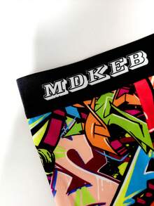 3 piezas Bóxer largos de hombre con estampado de graffiti de moda, bóxer largos deportivos cómodos y transpirables de alta elasticidad, pantalones cortos deportivos, pantalones cortos de boxeo, ropa interior creativa de hombre