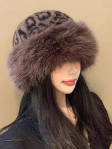 2025 Neue Leoparden-Plüsch Mongolenmütze, Vintage Damen Winddichte Ohrenschutz Fischerhut mit Verdickung, Lässiger Polyester Herbst/Winter Hut für kleine Gesichter