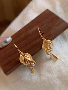 1 件奢华复古中国风叶子和水滴水钻耳环，优雅设计，精致珠宝适合女性、派对、节日礼物 - 金色 - 查看 2