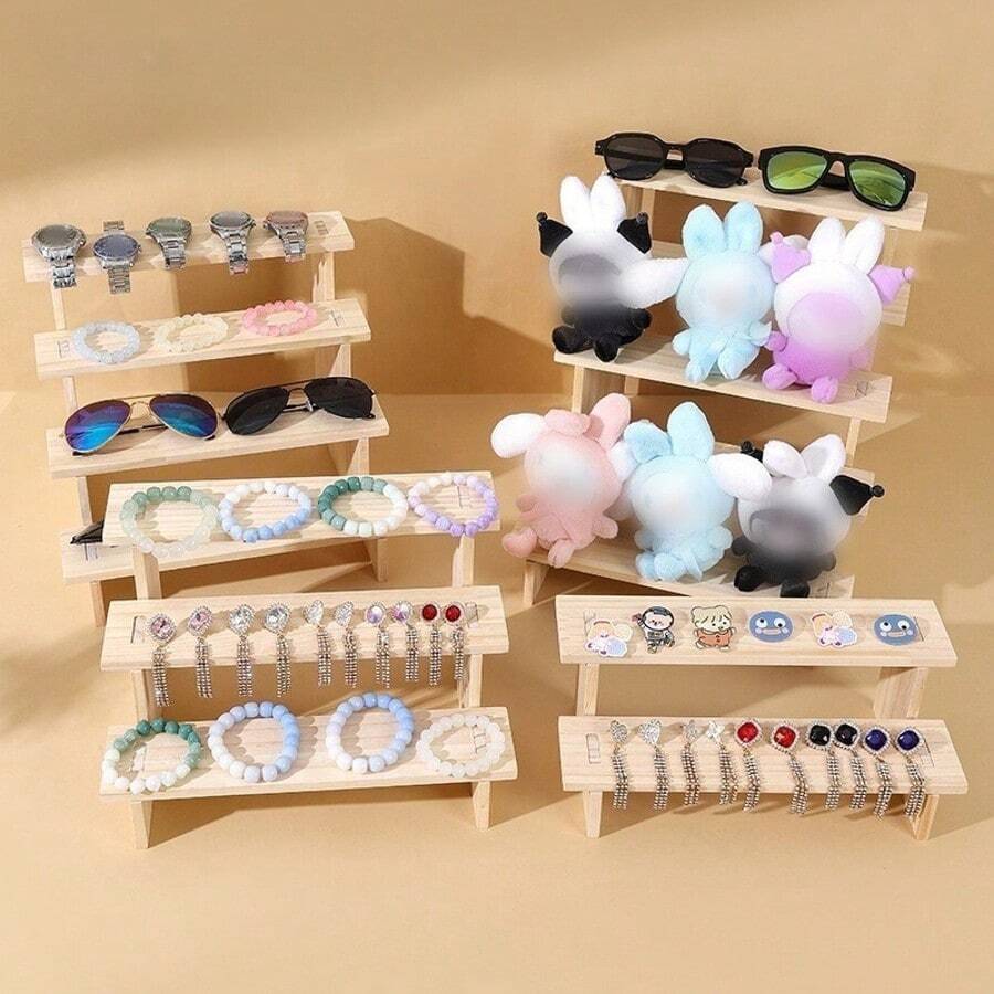 1pc Wooden Display Rack With Transparent Shelves, Multi-Layer Figurine, Blind Box, Jewelry, Cosmetics Storage Organizer - Wood Color - View 1