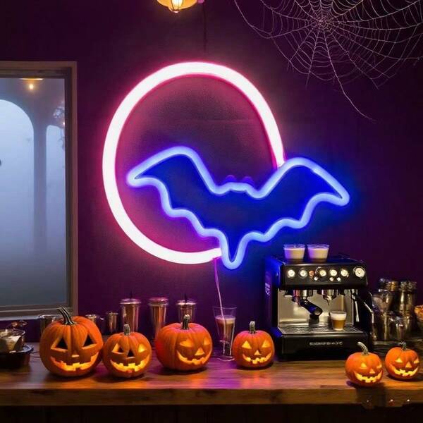 1pc Moon & Bat Shaped LED Neon Light Night Light, For Halloween Home Decor, Bedroom Wall Decor, Holiday Party, Suitable For Living Room, Kids Room, Kitchen, Bar Halloween Decoration Room Decor Halloween Garden Decor For Gift Fairy Holiday Decor Festival Decor