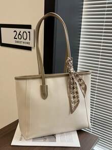 Large Capacity Minimalist Vintage-Style Handbag In Solid PU Leather With Matching Scarf, Versatile And Elegant Women's Bag, Fashionable Bag With Bow, Eye-Catching Handbag - 白色 - 查看 5