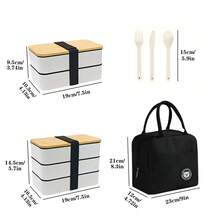 1 Set Bento Lunch Box With Utensils, Insulated Bag, Japanese-Style Lunch Container, Adult Lunch Box, School Lunch Box, Food Storage Container, Reusable, Multi-Layer Stackable, Suitable For Work, Outdoor, Picnic, Easy To Clean, Portable, Space-Saving Thermal Lunch Box - White and Black - View 2